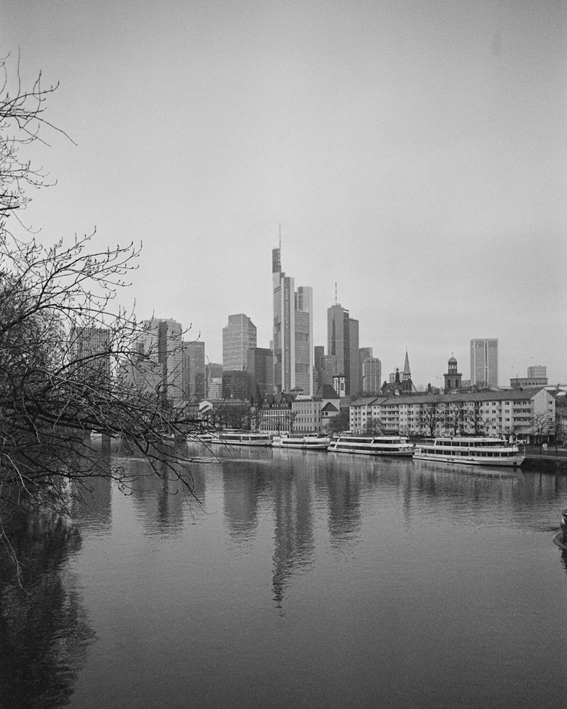 The Frankfurt skyline reflected in the River Main