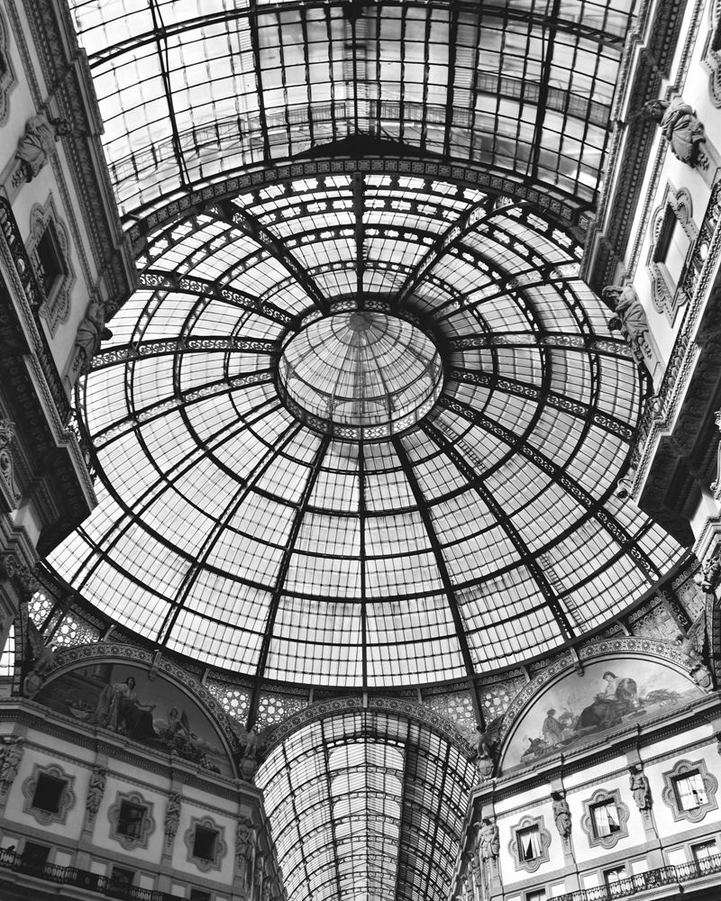 The glass and iron dome of the Galleria Vittorio Emanuele II in Milan, seen from below