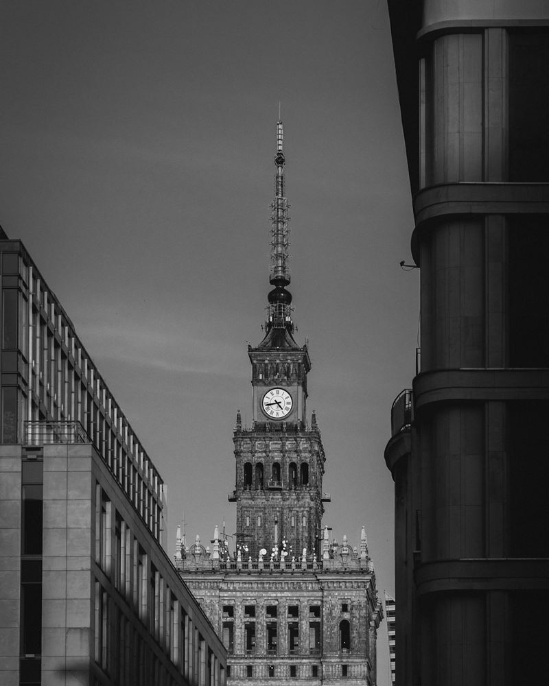 The Palace of Culture and Science framed by modern office buildings in Warsaw