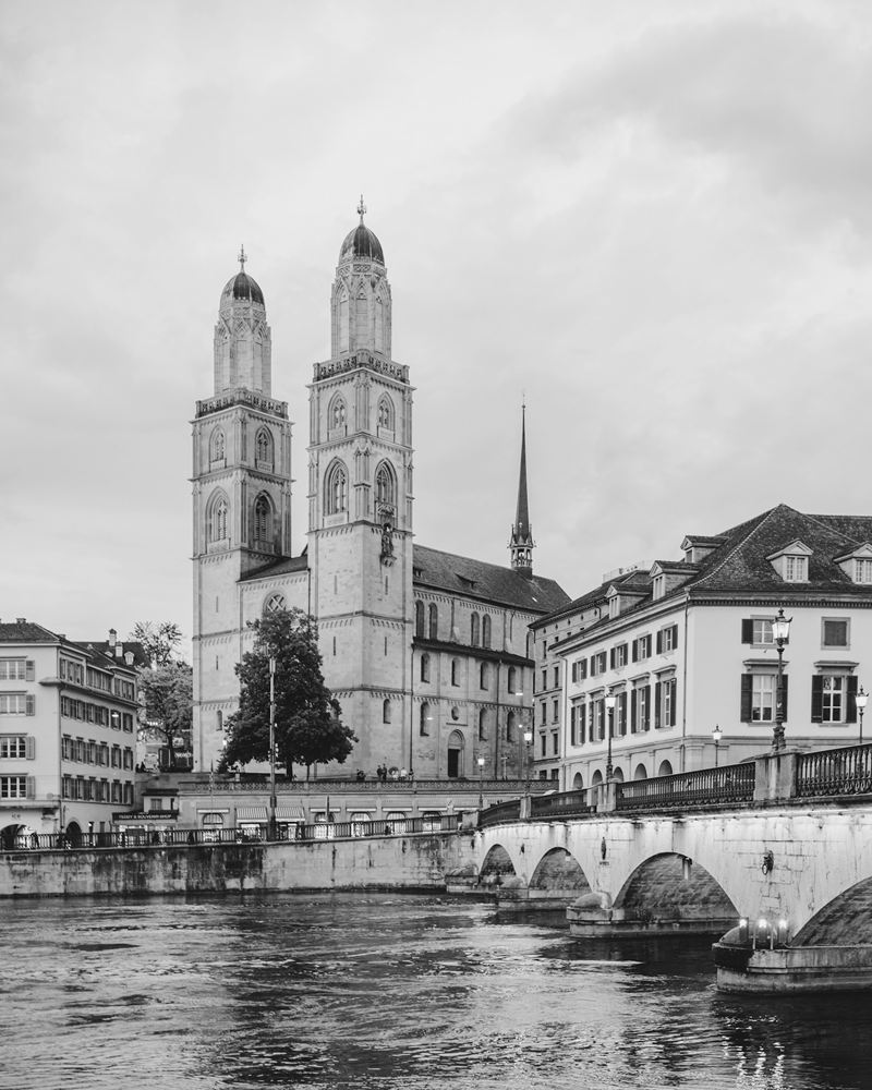 The twin towers of the Grossmuenster above the River Limmat in Zurich