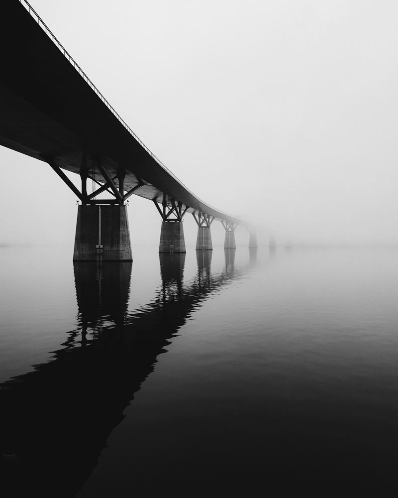 A concrete bridge on tall piers disappearing into fog over still water